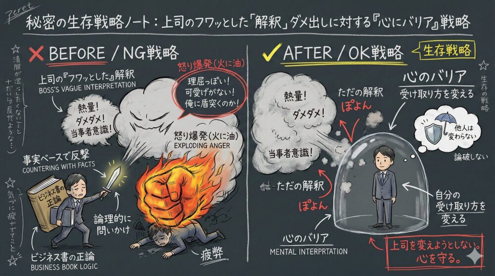 上司の曖昧なダメ出しに対する心にバリア戦略の図解。正論での反撃が火に油を注ぐNG例に対し、心のバリアで上司の解釈をスルーして自分を守るOK例を対比。他人は変えられない前提で受け取り方を変え、精神的自衛を優先する生存戦略をイラストとテキストで解説している。