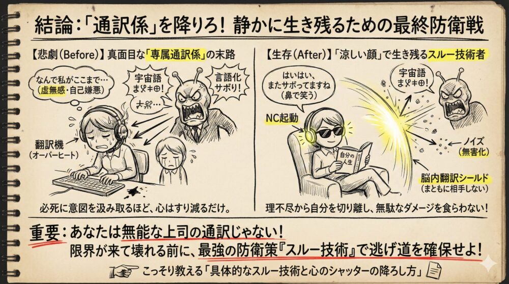 無能な上司の意図を汲み取る通訳係を辞め、スルー技術で心を守る生存戦略の図解。理不尽な指示を雑音として遮断し自分の人生を優先する変化を描写。限界が来る前に最強の防衛策で逃げ道を確保することを伝えるメンタル管理のイラスト。