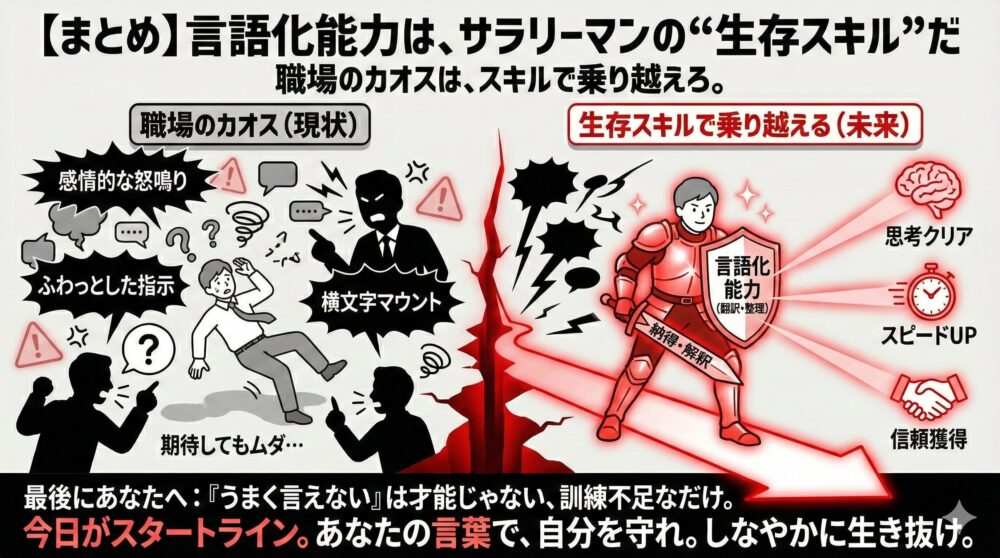 言語化能力を「生存スキル」として描いたまとめ図解。感情的な怒鳴りや曖昧な指示が飛び交う「職場のカオス（現状）」を、言語化能力という盾と剣を装備した騎士が突破し、思考クリア・スピードアップ・信頼獲得という「未来」へ進む姿を表現。