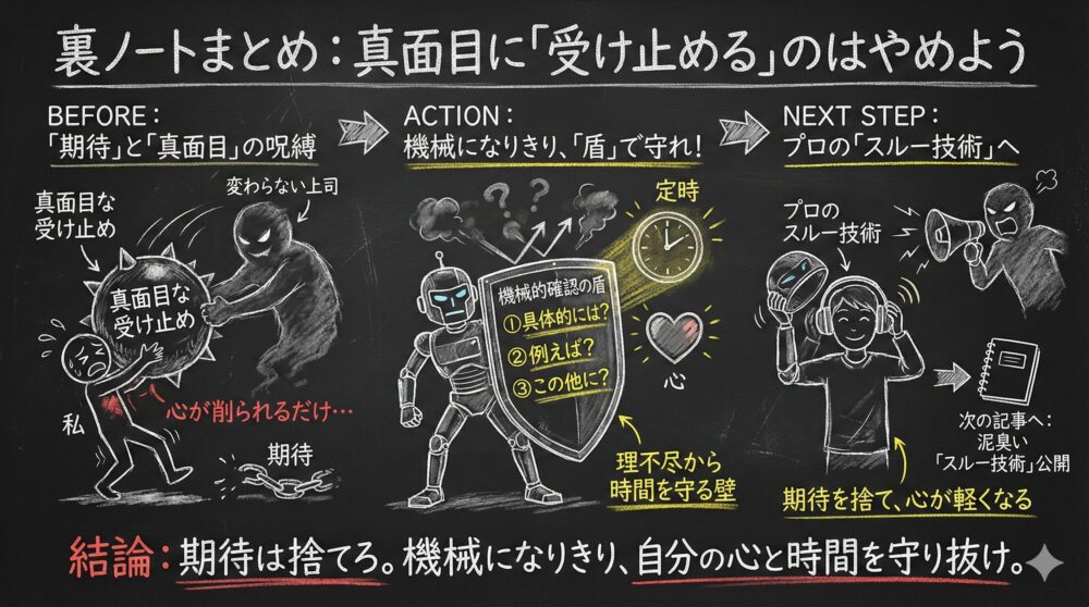 真面目に理不尽を受け止めて心を削るのをやめ、機械的な確認の盾で自分を守る生存戦略のまとめ図解。期待を捨てて具体的な質問で防衛線を張り定時退社や心の平穏を確保。プロのスルー技術を身につけて組織の中で心と時間を賢く守り抜く重要性を強調している。
