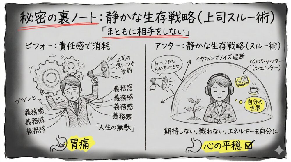 責任感で消耗し胃痛を抱える状態から、上司をスルーして心の平穏を保つ生存戦略への変化を描いた図解。期待せず戦わず、イヤホンや心のシャッターでノイズを遮断して自分を守るマインドセットを、対照的なイラストとテキストで分かりやすく表現している。