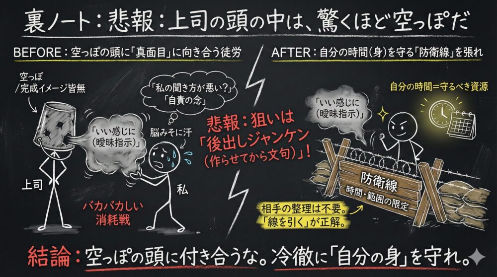 曖昧な指示で後出しジャンケンをする上司に対し、真面目に向き合う消耗戦を捨て、時間や範囲を限定する防衛線を張る生存戦略の図解。自分の時間を守るべき資源と捉え、自責の念を捨てて冷徹に境界線を引くことで、無能な上司から心身を守る重要性を強調している。