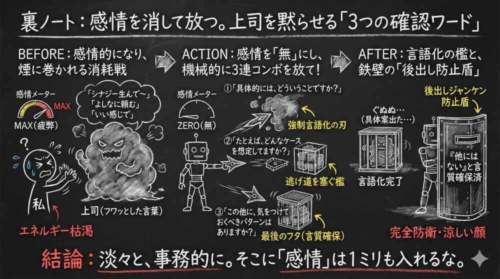 上司の曖昧な指示に感情的にならず事務的な質問で強制的に言語化させる生存戦略の図解。感情を無にして具体的な確認を繰り返すことで後出しの要求を封じ、自分の心と時間を守る最強の盾を手に入れる重要性を表現している。