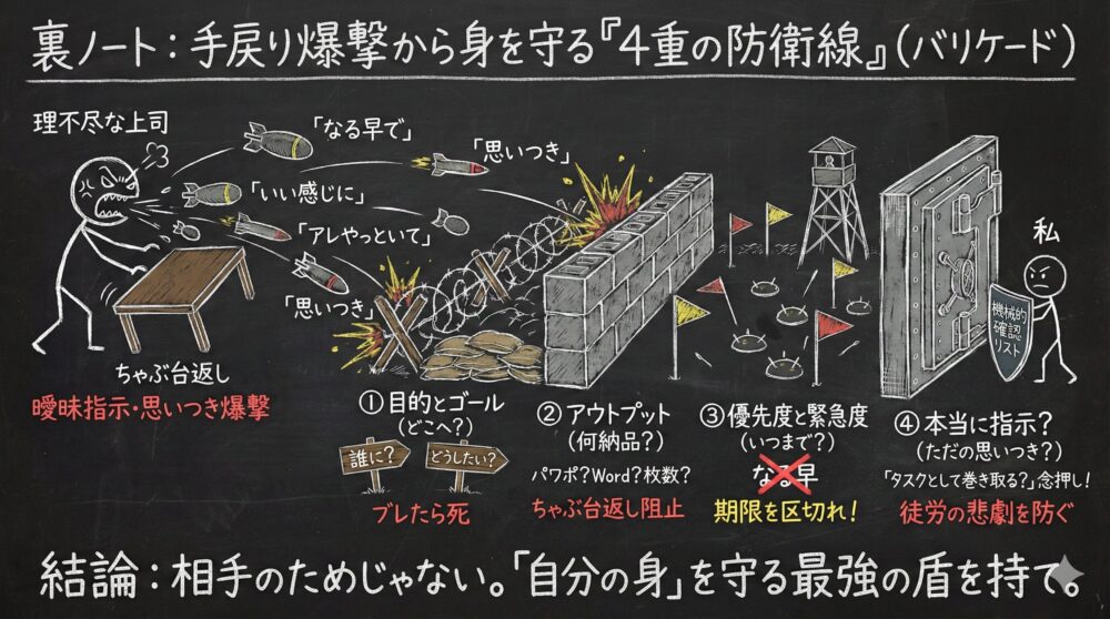 理不尽な上司の曖昧な指示や手戻りから身を守る4重の防衛線を描いた図解。目的、アウトプット、優先度、指示の真意をバリケードとして確認し自分の時間を死守する生存戦略を表現。相手のためではなく自分を守る最強の盾を持つ重要性を強調している。