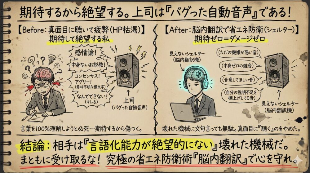 上司の言葉をバグった自動音声として脳内翻訳するメンタル防衛術の図解。期待を捨てて理不尽な叱責を雑音として処理し精神的消耗を防ぐ生存戦略を解説。仕事のストレスを回避し心を守るためのスルー技術を紹介するイラスト。