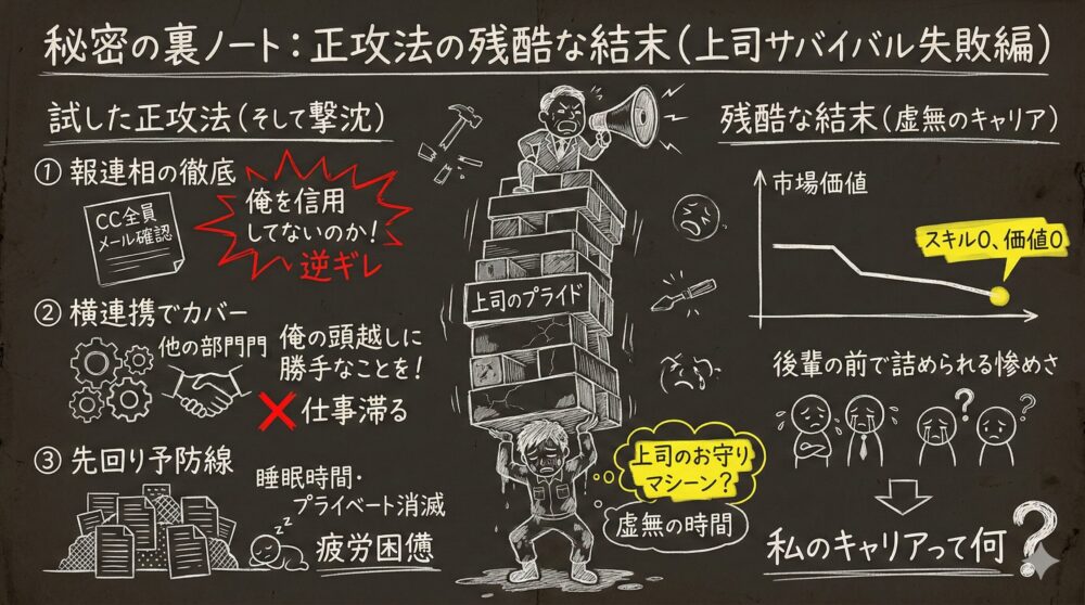 上司への正攻法が裏目に出る残酷な結末の図解。報連相の徹底や先回り対応が逆ギレや疲労を招き、上司のプライドを守るお守り役となって市場価値が低下する様子を描写。真面目すぎる努力がキャリアの虚無を招くリスクをイラストとテキストで解説している。