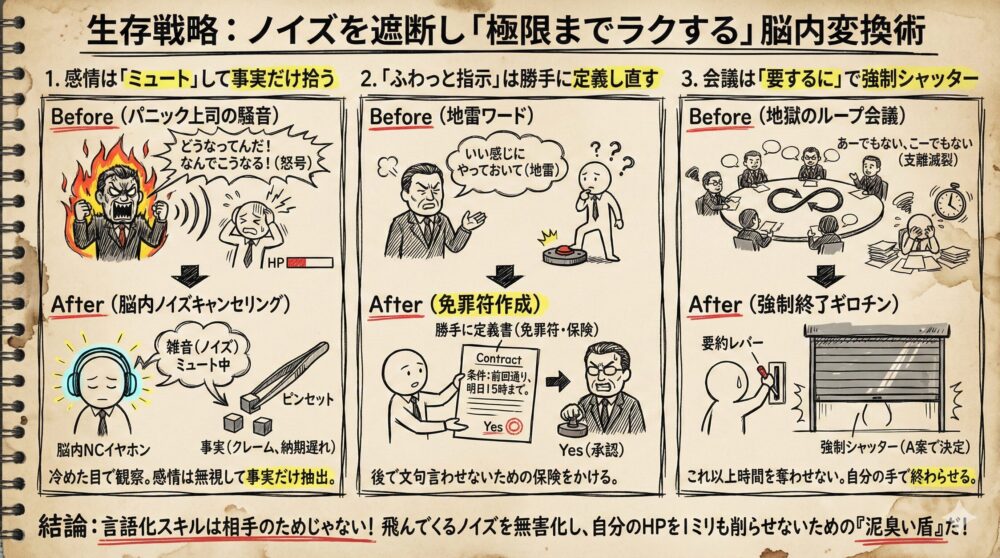 職場のストレスを回避し極限までラクをする脳内変換術の図解。感情のミュート、曖昧な指示の再定義、会議の強制終了という3つの技術を解説。理不尽なノイズを無害化して自分の精神的な体力を温存し、心を守るための生存戦略を描いたイラスト。