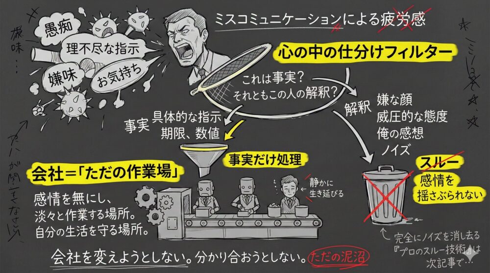 上司の言葉を事実と解釈に分ける仕分けフィルターの図解。具体的な指示や数値のみを処理し、嫌味や感情的なノイズはスルーして捨てる方法を解説。会社をただの作業場と割り切り、感情を揺さぶられずに静かに生き延びるための生存戦略をイラストとテキストで表現している。