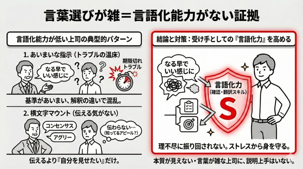 言語化能力が低い上司の典型パターンと対策。あいまいな指示や横文字マウントによる混乱に対し、受け手側の「言語化力（確認・翻訳スキル）」を盾として高めることで、理不尽な振り回しから身を守りストレスを軽減する方法を図解。