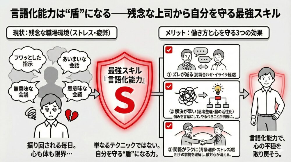 残念な職場環境から身を守る「最強スキル：言語化能力」の図解。フワッとした指示や無意味な会議に振り回される現状に対し、言語化力を盾とすることで、1.認識のズレ減少、2.問題解決の加速、3.対人関係の改善という3つのメリットを得て心の平穏を取り戻す方法を解説。