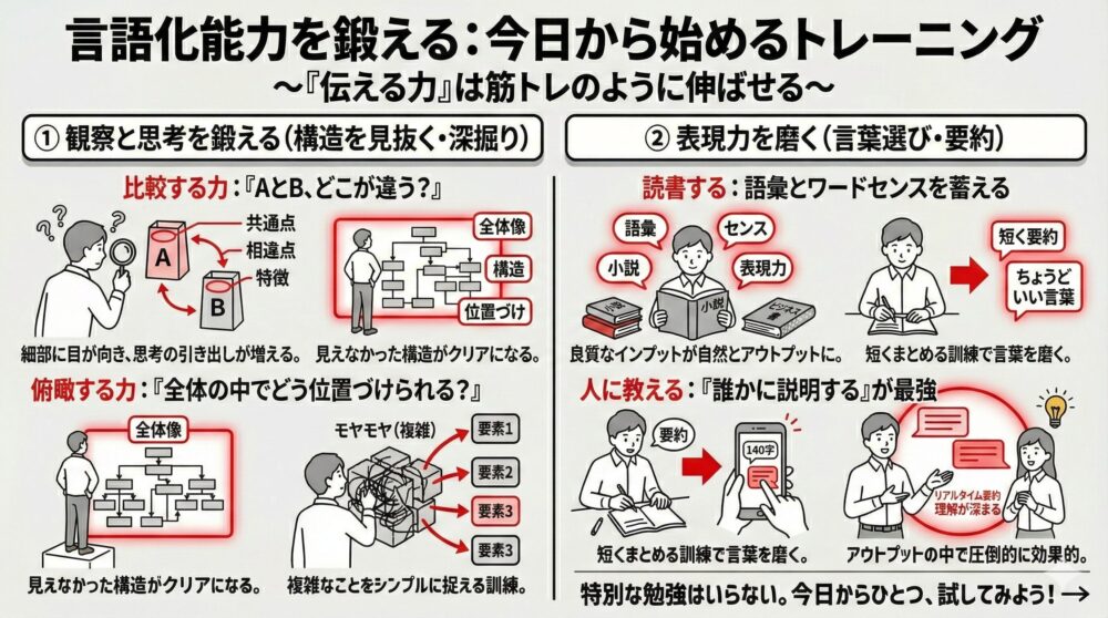 言語化能力を鍛えるための具体的なトレーニング法の解説。比較や俯瞰で構造を見抜く「1.観察と思考を鍛える」ステップと、読書や要約、他人に教えることでアウトプットを洗練させる「2.表現力を磨く」ステップを、筋トレのような日々の習慣として提示。