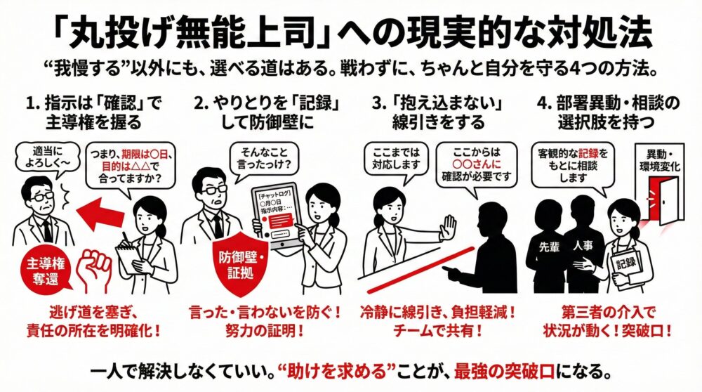 丸投げ上司から自分を守る4つの方法（主導権を握る確認、やりとりの記録、冷静な線引き、部署異動・相談の選択肢）を図解。一人で抱え込まず、第三者の介入や証拠の蓄積で状況を動かす突破口を提示するイラスト