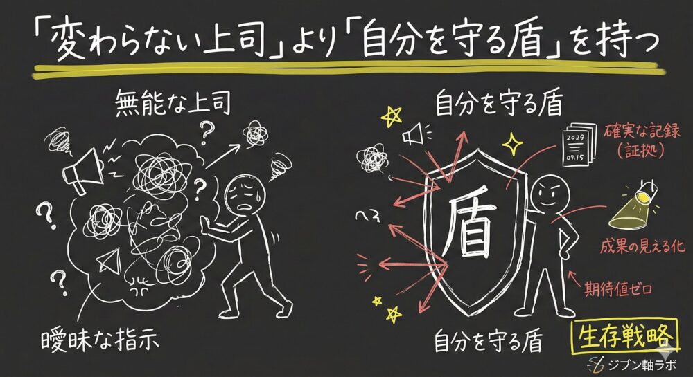 無能な上司による曖昧な指示や混乱から身を守るための生存戦略を描いた図解。期待せず、確実な記録（証拠）を盾として持ち、成果の見える化を行うことで精神的自衛を図る重要性を解説。上司を変えようとせず、自分を守る盾を持つことで理不尽な環境を生き抜くマインドセットをイラストで表現している。