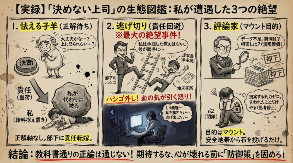 決めない上司の3つの特徴を解説する図解。責任転嫁やハシゴ外し、評論家気取りの絶望的な実態を描写。正論が通じない無能な上司に期待せず心が壊れる前に自分を守る防御策を固める重要性を説くメンタル管理と仕事術のイラスト。