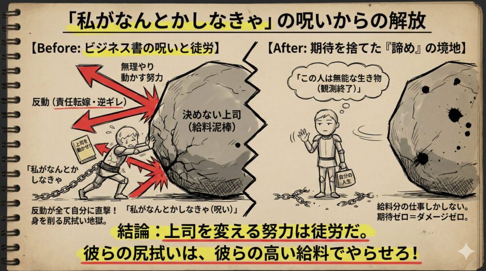 私がなんとかしなきゃという呪いから解放され無能な上司を変える努力を捨てる図解。責任転嫁や尻拭いで身を削る状態から期待ゼロで自分を守る諦めの境地への変化を描写。徒労を避けて自分の人生を優先する重要性を伝えるメンタル管理のイラスト。