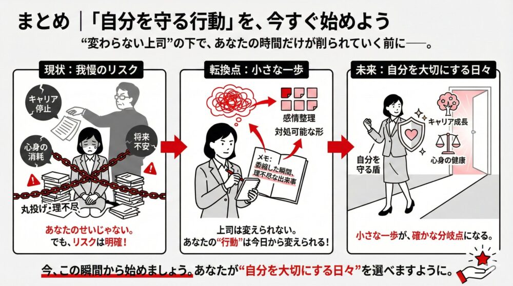 丸投げへの悩みに対する3つのQAを図解。丸投げがパワハラに該当し得ること、変わらない上司ではなく自分の反応（相談・記録・異動検討）を変えること、焦らず順序立てて転職等の選択肢を見極めることの重要性を説くイラスト