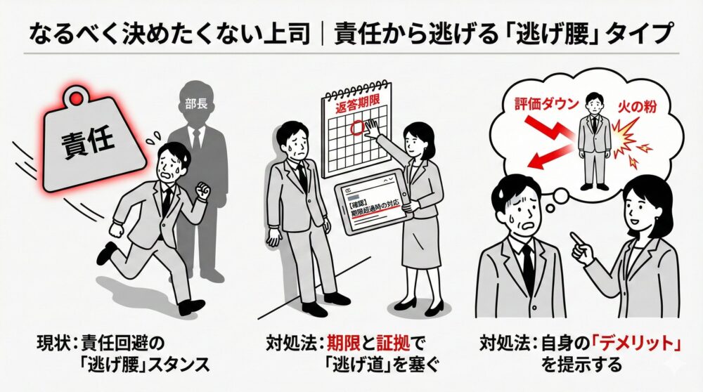 なるべく決めたくない上司「逃げ腰」タイプへの対処法。現状の責任回避スタンスに対し、期限と証拠で逃げ道を塞ぐ、自身のデメリットを提示するという2つの対処法をイラストで解説。