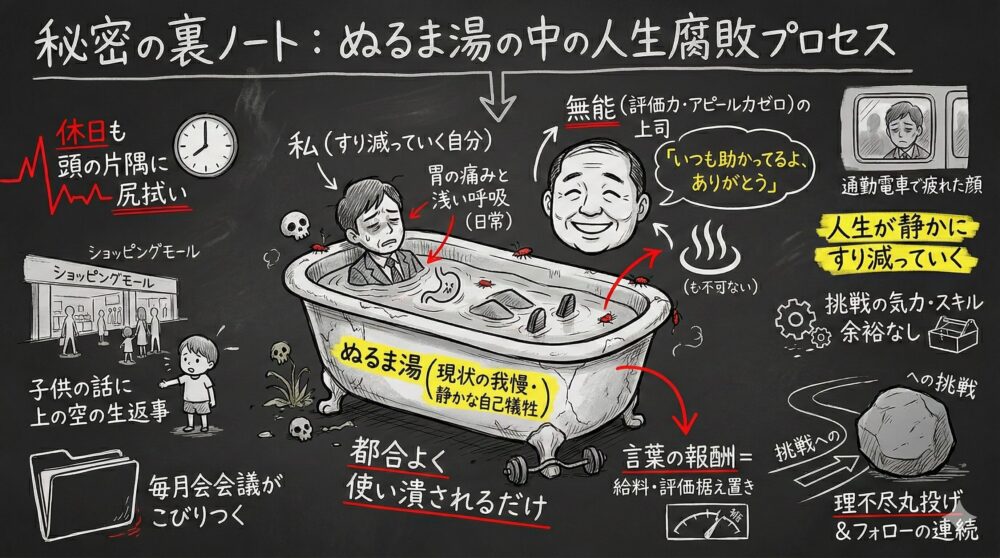 現状の我慢や静かな自己犠牲を「ぬるま湯」と定義し、人生が静かにすり減っていく腐敗プロセスを解説した図解。休日も仕事が頭を離れず、都合よく使い潰される日々から脱却できない苦悩を可視化。言葉だけの報酬に惑わされず、挑戦の気力を失うリスクをイラストとテキストで表現している。