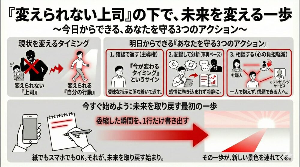 変えられない上司の下で未来を変える3つのアクションの図解。1.確認で返す（主導権）、2.記録して分析（事実ベース）、3.相談する（心の負担軽減）という具体的な防衛術を提示。委縮した瞬間を1行書き出すことが、未来を取り戻す最初の一歩になると解説。