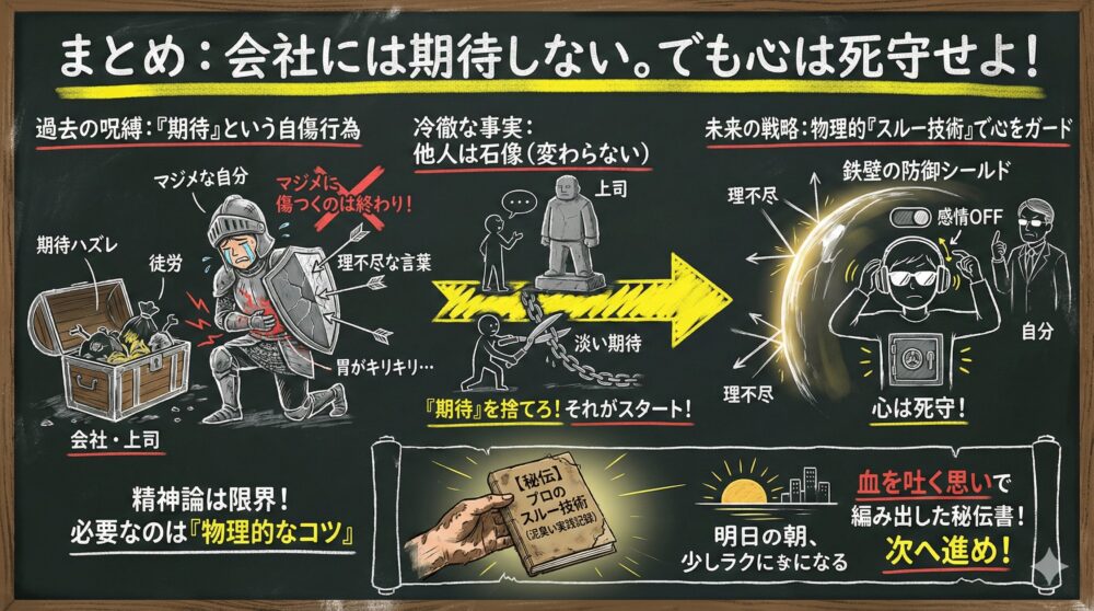 会社や上司への過度な期待を捨て物理的なスルー技術で自分の心を守る重要性をまとめたイラスト。他人は変わらない石像だと割り切り感情をオフにする防御シールドを張ることで、理不尽な攻撃から身を守り精神的平穏を保つための生存戦略を解説している。