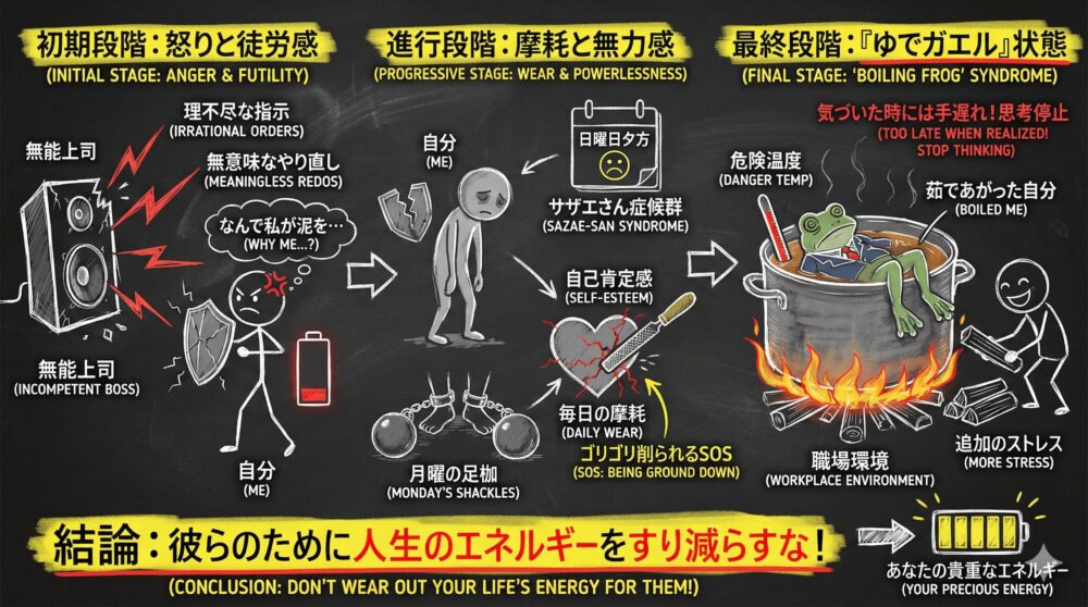 理不尽な上司への怒りで心身が摩耗しゆでガエル状態になる過程を描いたイラスト。怒りと徒労感から始まり、自己肯定感が削られ、最終的には思考停止に陥る危うさを図解。人生のエネルギーを無能な上司のためにすり減らさず、自分を守る重要性を強調している。