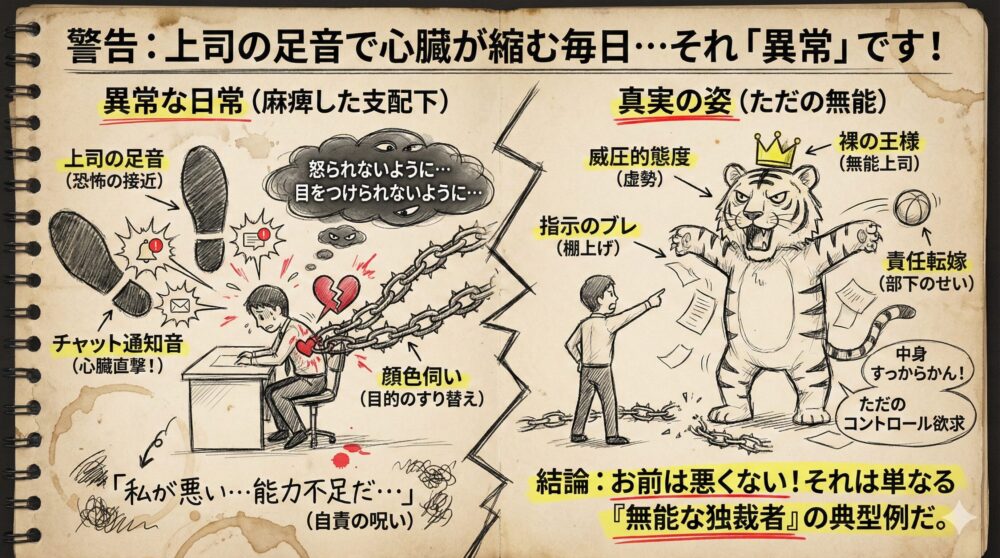 上司の足音や通知音に怯える異常な状態と、威圧的な上司の正体が無能な独裁者であることを描いた対比図解。自責の念を捨て、相手の虚勢を見抜いて自分を守る重要性を解説。職場のストレスからメンタルを保護し、自己肯定感を取り戻すための啓蒙イラスト。