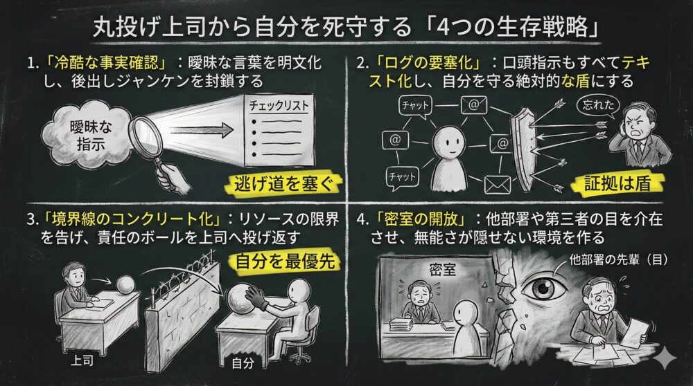 丸投げ上司から自分を死守するための4つの生存戦略を図解したイラスト。曖昧な指示を明文化して逃げ道を塞ぐ冷酷な事実確認、全指示をテキスト化して証拠の盾にするログの要塞化、リソースの限界を告げ責任を投げ返す境界線のコンクリート化、第三者の目を介在させる密室の開放を描写。