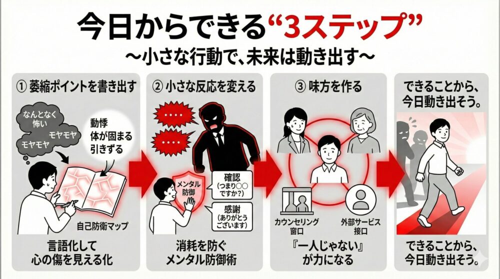 萎縮する日々から脱却し、希望を取り戻す3ステップの図解。「Before：恐怖と緊張の毎日」から、「Action：記録・相談・環境変化」という3つの具体的解決策を経て、「After：自信回復と希望の未来」へ到達する景色を描き、現状を変える勇気を提示。