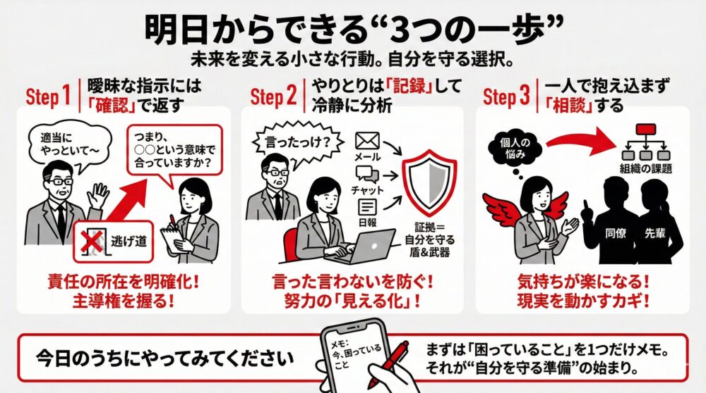 丸投げ上司に対抗する3つのステップ（曖昧な指示への確認、やりとりの記録・分析、一人で抱え込まず相談）を図解。責任の所在を明確にし、努力を可視化することで、個人の悩みを組織の課題へと変えて自分を守るためのアクションプラン