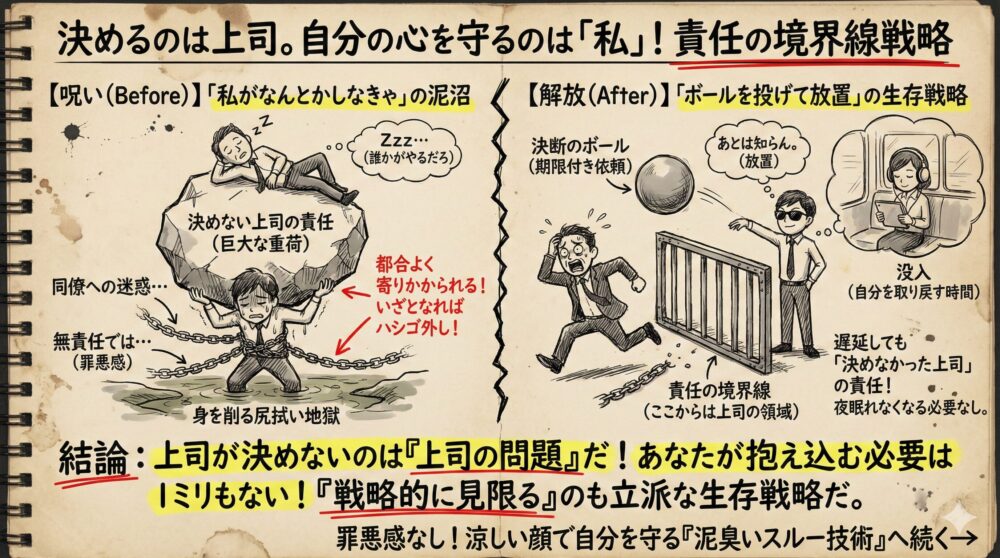 決めない上司の責任を背負い込む状態から、境界線を引いて決断を委ねる生存戦略への変化を描いた図解。上司の問題と自分の責任を切り離し、罪悪感なく自分を守るメンタル管理術を解説。戦略的に見限り自分の時間を取り戻す仕事術を提案するイラスト。