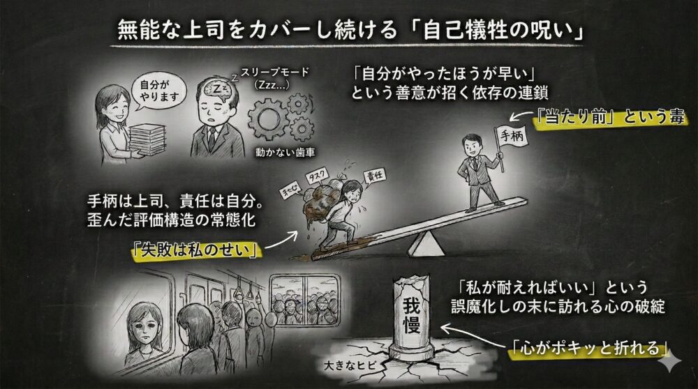 無能な上司をカバーし続ける自己犠牲の呪いを図解したイラスト。自分がやったほうが早いという善意が招く依存の連鎖、手柄は上司で責任は自分という歪んだ評価構造を描写。我慢の限界で心が折れる様子や、動かない組織の歯車と過剰な負担に喘ぐ部下の対比を表現。