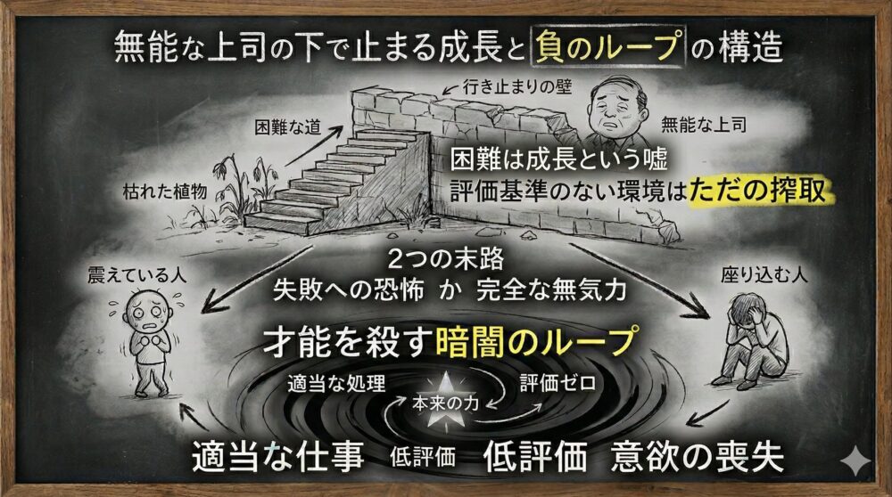 無能な上司の下で止まる成長と負のループの構造を解説したイラスト。評価基準のない環境での搾取、行き止まりの壁に阻まれる階段、才能を殺す暗闇のループを描写。失敗への恐怖で震える姿や意欲喪失で座り込む末路を示し、適当な仕事と低評価が繰り返される絶望的な環境を表現。