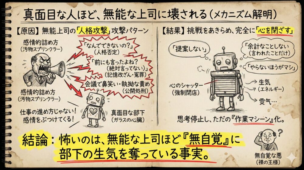 真面目な人が無能な上司の人格攻撃で心を閉ざすメカニズムの図解。感情的な叱責が部下の生気を奪い思考停止した作業マシーンに変えてしまう過程を描写。無自覚な攻撃が部下を壊す事実を可視化し自分を守る重要性を伝えるメンタル管理のイラスト。
