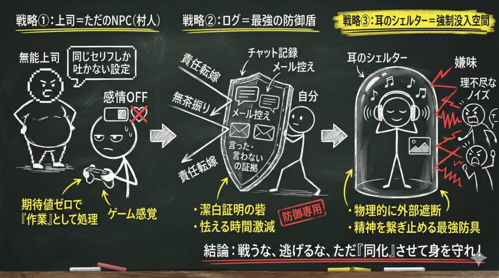 心を削らないための職場生存戦略の図解。上司をNPCと捉える意識、ログを証拠の盾にする管理術、ノイズを遮断する耳のシェルターの3点を紹介。理不尽な攻撃に対し、戦わず逃げず同化することで精神の平穏を保ち、賢く身を守る働き方のマインドセットを表現している。