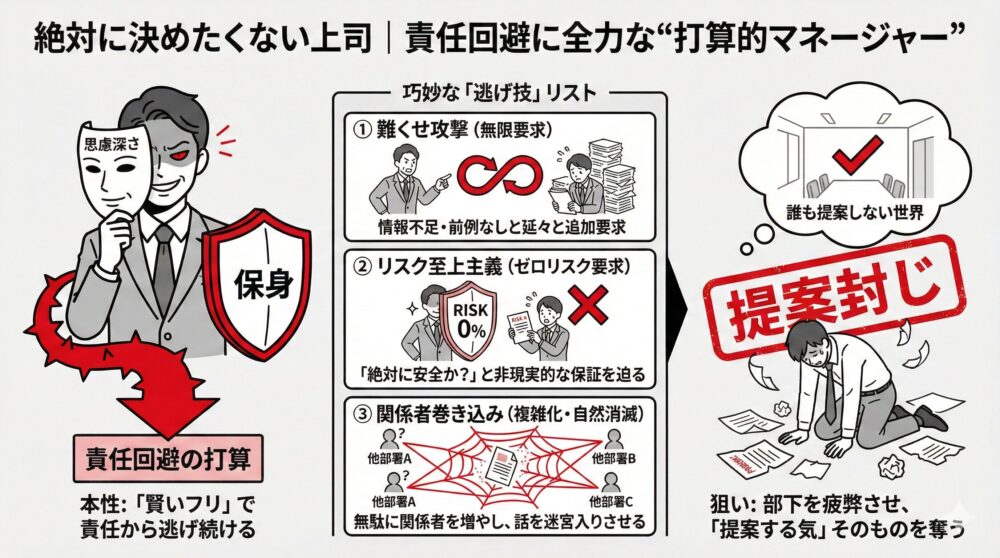 絶対に決めたくない「打算的マネージャー」による責任回避の図解。思慮深さを装いながら、難癖攻撃、リスク至上主義、関係者巻き込みという3つの「逃げ技」を駆使して部下の提案を封じ、責任から逃げ続ける本性と狙いを解説。