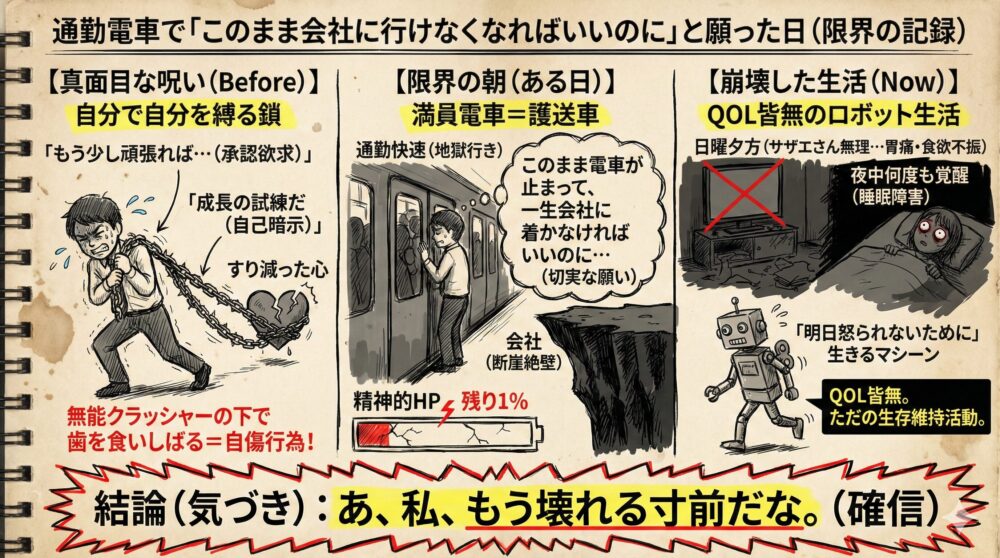 真面目な人が精神的限界を迎える過程を描いた図解。自分を縛る鎖、満員電車での絶望、QOL皆無のロボット生活という変化を可視化。心が壊れる寸前のサインを提示し、無理な我慢が自傷行為であることを警告するメンタル管理と生存戦略のイラスト。