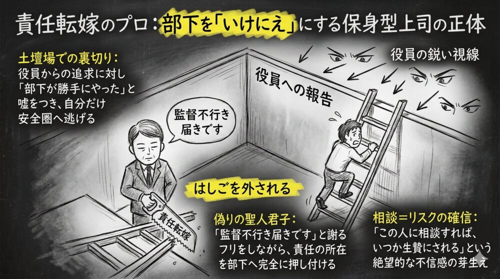 責任転嫁のプロである保身型上司の正体を図解したイラスト。役員からの追及に対し、部下の梯子を外して「部下が勝手にやった」と嘘をつき、自分だけ安全圏へ逃げる姿を描写。偽りの謝罪で責任を部下へ完全に押し付ける構造と、絶望的な不信感に苛まれる部下を表現。