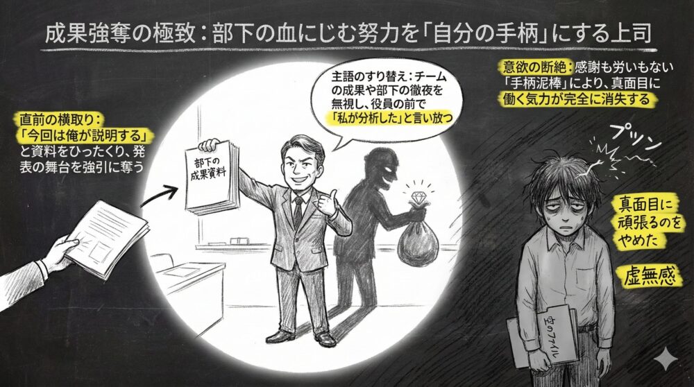 部下の血ににじむ努力を自分の手柄にする上司の図解。役員の前で主語をすり替え「私が分析した」と平然と言い放つ姿や、直前に資料をひったくり発表の舞台を奪う様子を描写。感謝も労いもない成果強奪により、真面目に働く気力を完全に失い虚無感に苛まれる部下を表現。