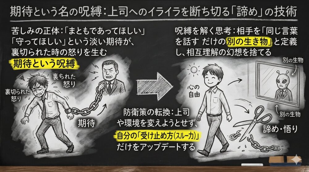 上司への期待という呪縛を断ち切り、イライラを解消する諦めの技術を図解したイラスト。まともであってほしいという淡い期待が裏切られた時の怒りを生む構造から、相手を別の生き物と定義し相互理解の幻想を捨てる思考への転換を描写。期待の鎖を切り、自分の受け止め方を更新して心の自由を得る姿を表現。