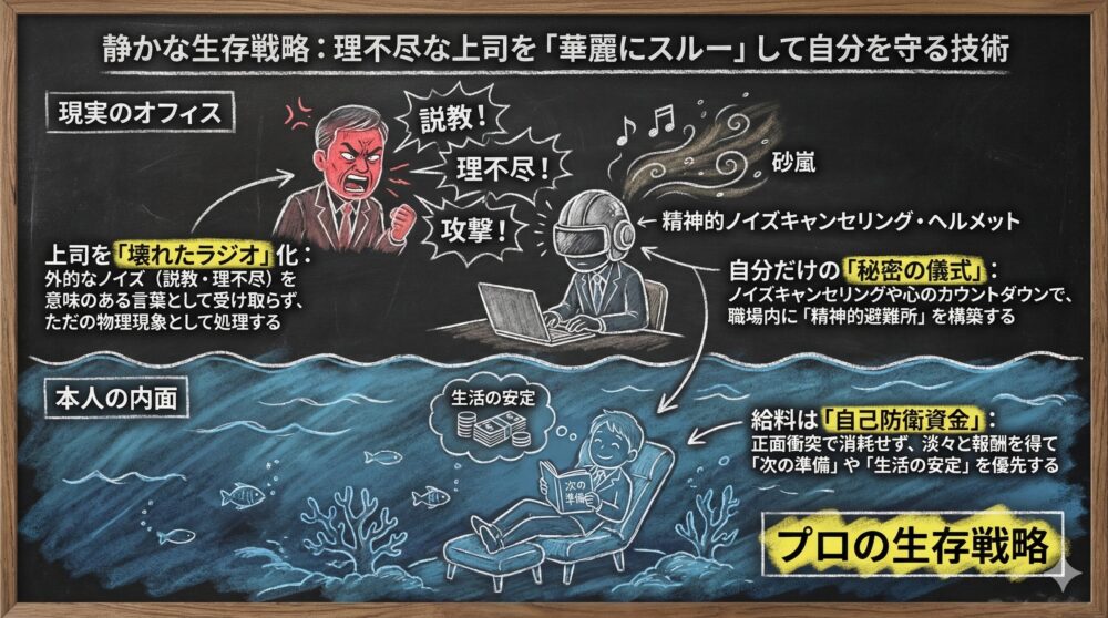 理不尽な上司を壊れたラジオに見立て、攻撃をただの物理現象として華麗にスルーする生存戦略の図解。精神的ノイズキャンセリング・ヘルメットを被り、職場内に秘密の避難所を構築する姿を描写。給料を自己防衛資金と割り切り、淡々と生活の安定を優先するプロの処世術を表現。