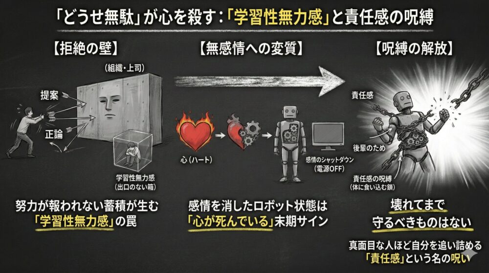 努力が報われない蓄積による学習性無力感と責任感の呪縛を解説した図解。提案や正論が組織の拒絶の壁に阻まれ、心が燃え尽きて無感情なロボット状態へ変質する過程を描写。体に食い込む責任感の鎖を断ち切り、壊れてまで守るべきものはないと説く心の解放を表現。