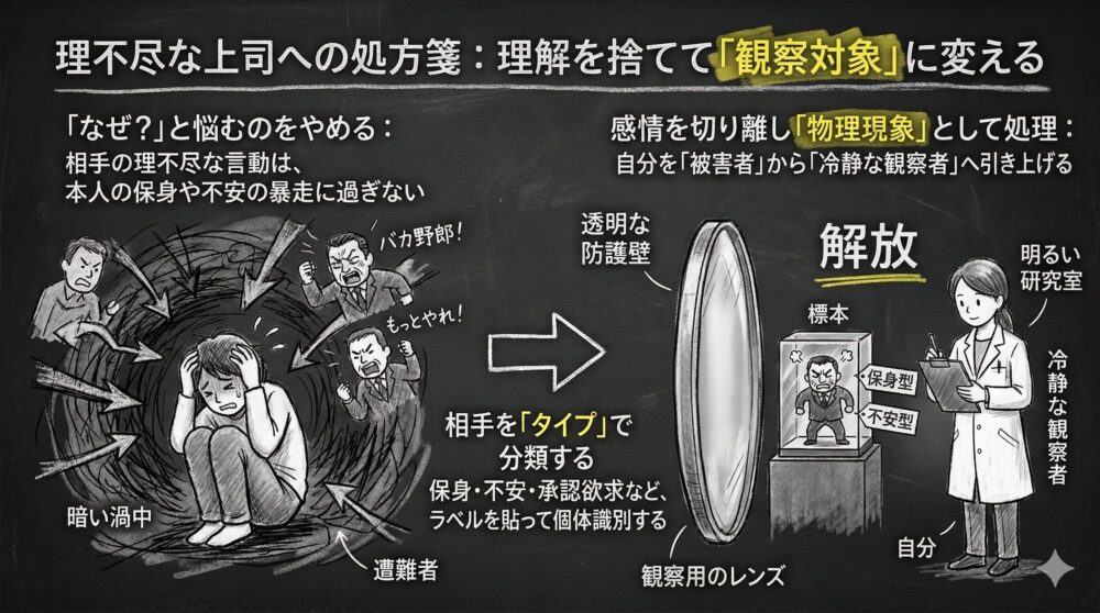 理不尽な上司への処方箋として理解を捨てて観察対象に変える方法を図解。暗い渦中で攻撃を受ける被害者の状態から、透明な防護壁越しに相手を保身型や不安型などのタイプで分類する冷静な観察者へ移行し、感情を切り離して解放されるプロセスを表現。