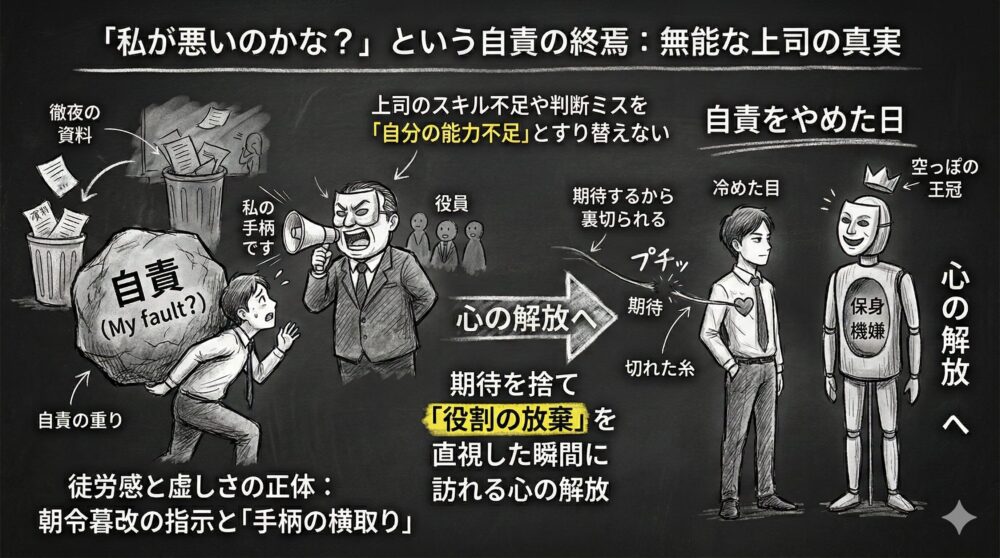 無能な上司による自責の終焉と心の解放を描いた図解。徹夜の資料を捨てられ手柄を横取りされる徒労感から、上司のスキル不足を自分の能力不足とすり替えない思考への転換を表現。期待を捨て役割の放棄を直視した瞬間に、自責の重りから解放される姿を描写。