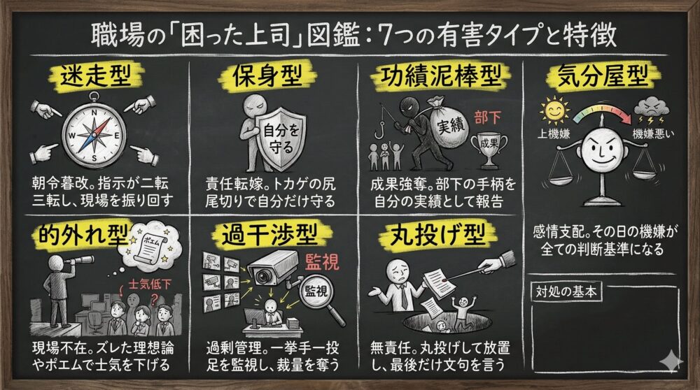 職場の困った上司図鑑として7つの有害タイプを解説したイラスト。指示が二転三転する迷走型、責任転嫁する保身型、成果を奪う功績泥棒型、機嫌で判断する気分屋型、ズレた理想論の的外れ型、過剰管理の過干渉型、無責任な丸投げ型の特徴をアイコンと共に紹介している。