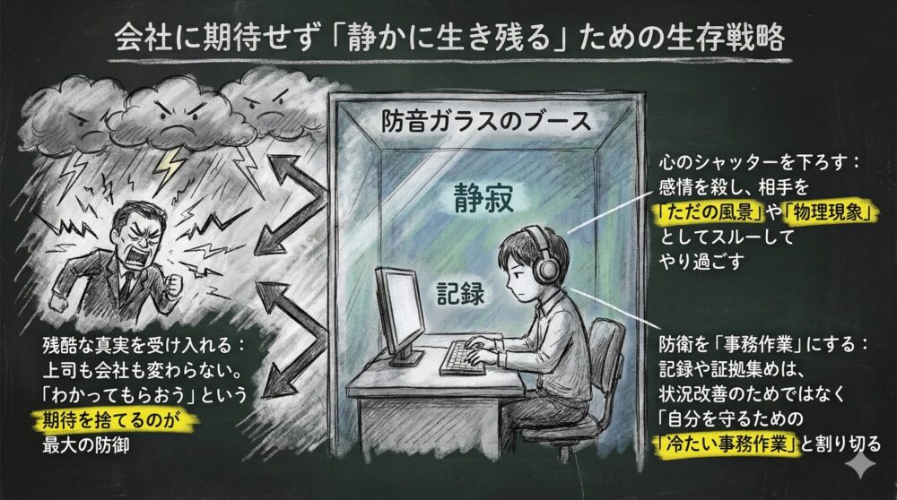 会社に期待せず静かに生き残るための生存戦略をまとめた図解。怒鳴る上司や理不尽な環境を「ただの風景」として防音ブースで遮断し、淡々と記録と実務をこなす姿を描写。期待を捨てることを最大の防御とし、証拠集めを自分を守るための「冷たい事務作業」と割り切る重要性を表現。