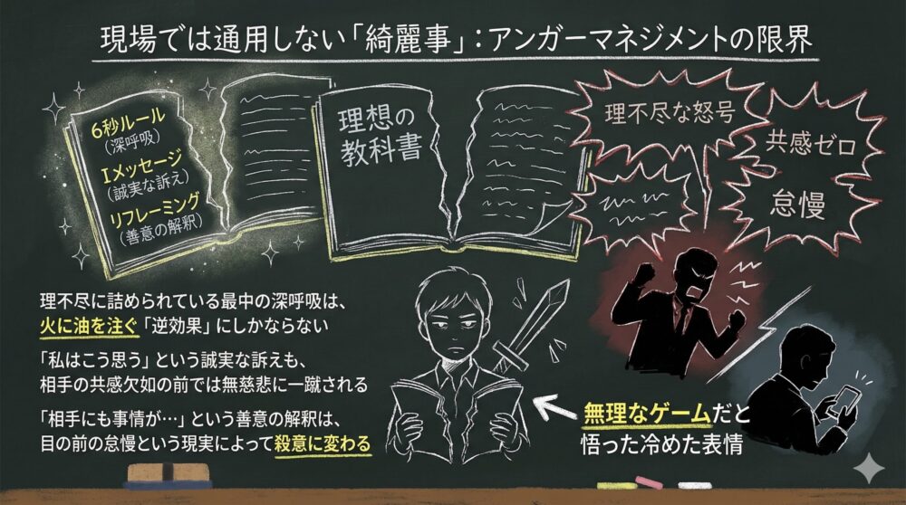 アンガーマネジメントの限界を解説するイラスト。理想の教科書が破れ、理不尽な怒号や共感欠如、怠慢な上司を前に「無理なゲーム」だと悟り冷めた表情を浮かべる会社員を描写。6秒ルールやIメッセージ等の手法が現場の過酷な現実には通用しないことを表現している。