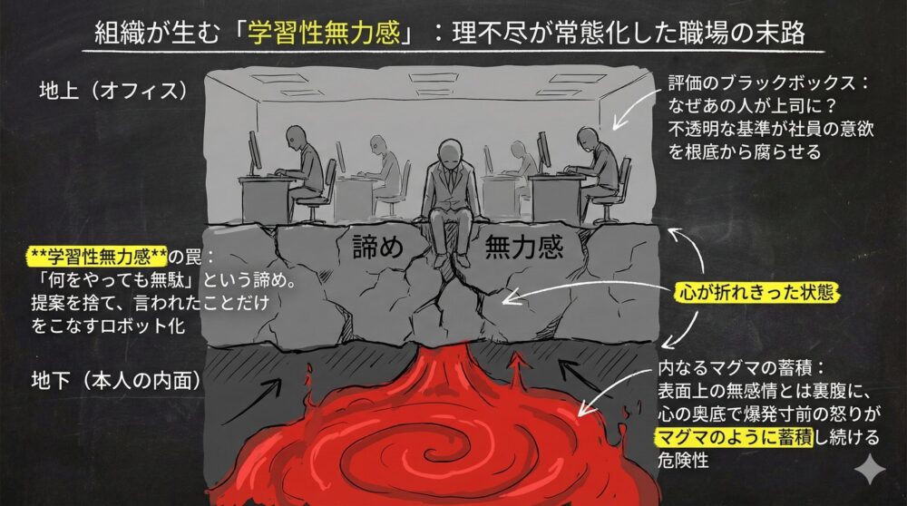 組織が生む学習性無力感を解説するイラスト。地上（オフィス）で無気力に働く社員と、地下（本人の内面）でマグマのように蓄積する怒りを対比。理不尽な評価基準や諦めが、表面上の無感情とは裏腹に深刻な精神的危機を招く様子を描写している。