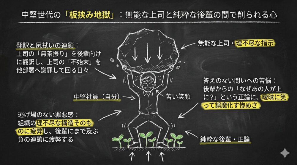 無能な上司と純粋な後輩の間で板挟みになる中堅社員の苦悩を描いた図解。上司の理不尽な指示という重い岩を支え、後輩からの正論との間で削られる姿を描写。上司の不始末を謝罪して回る翻訳と尻拭いの連鎖、組織の負の構造に疲弊し逃げ場のない罪悪感を表現。