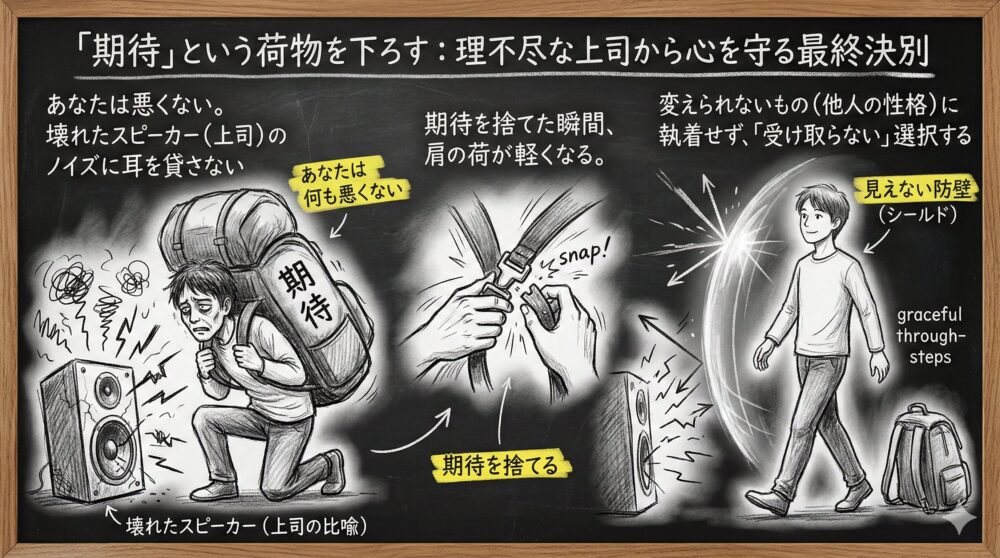 理不尽な上司を壊れたスピーカーのノイズに例え、期待という重い荷物を下ろして心を守る最終決別を描いた図解。他人の性格など変えられないものに執着せず、見えない防壁でノイズを遮断。期待を捨てた瞬間に肩の荷が軽くなり、軽やかに歩み出す姿を表現。