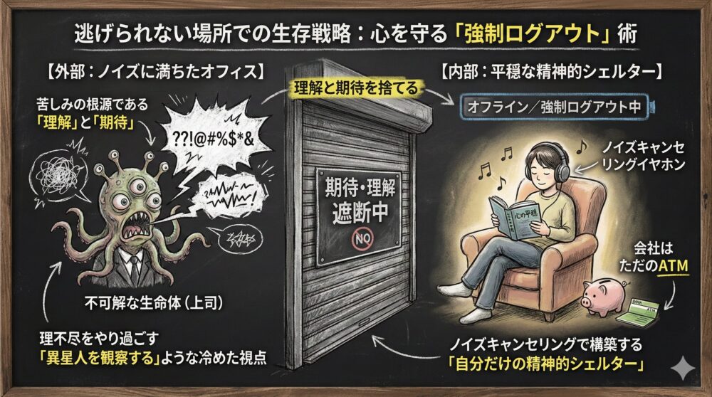 逃げられない場所での生存戦略として、心を守る強制ログアウト術を図解したイラスト。不可解な生命体のような上司やオフィスのノイズを期待・理解遮断中のシャッターで隔離。ノイズキャンセリングで自分だけの精神的シェルターを構築し、会社はただのATMと割り切る冷めた視点を表現。